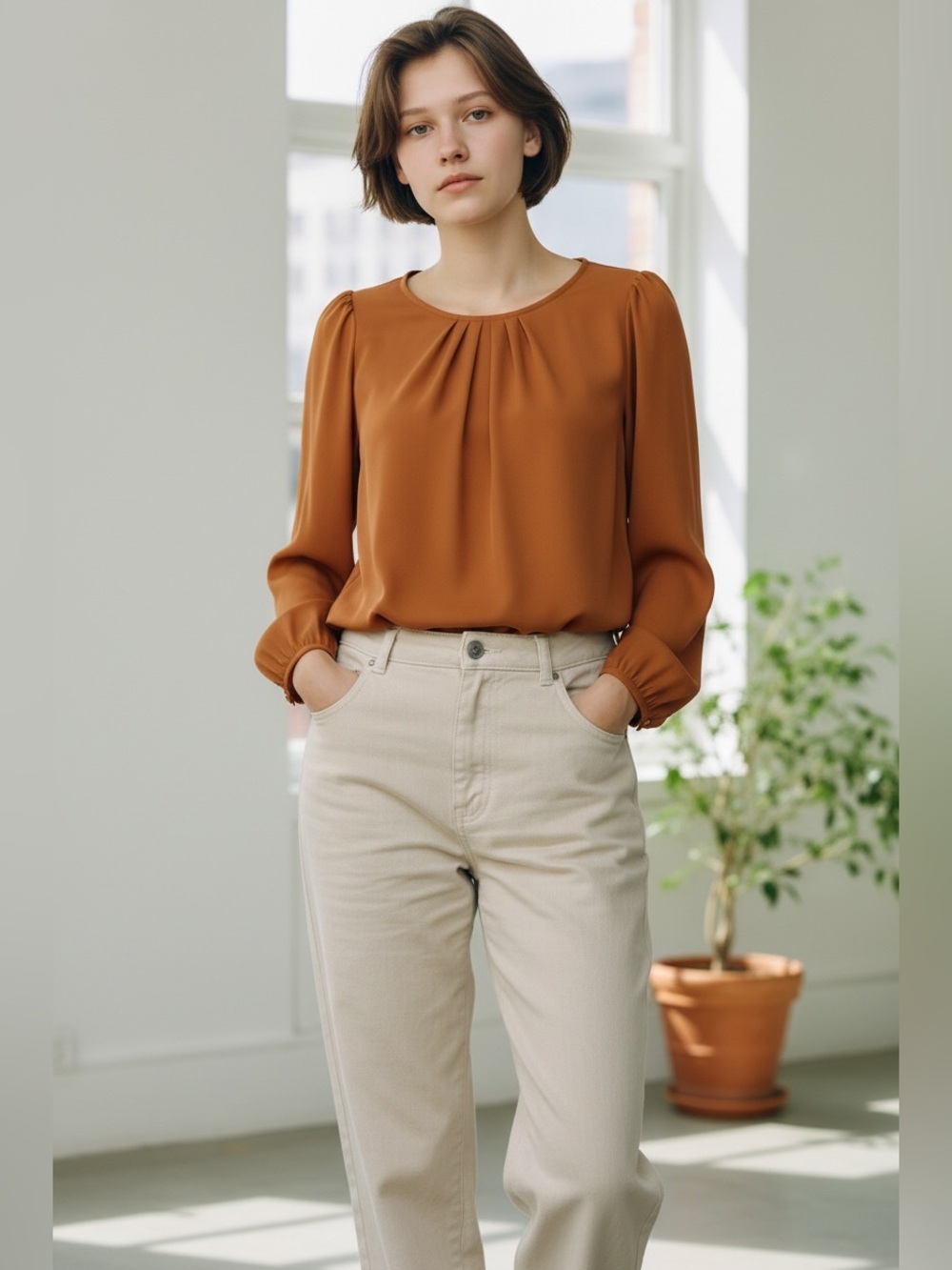 SHEIN Women Pleated Long Sleeve Blouse Caramel Size XL